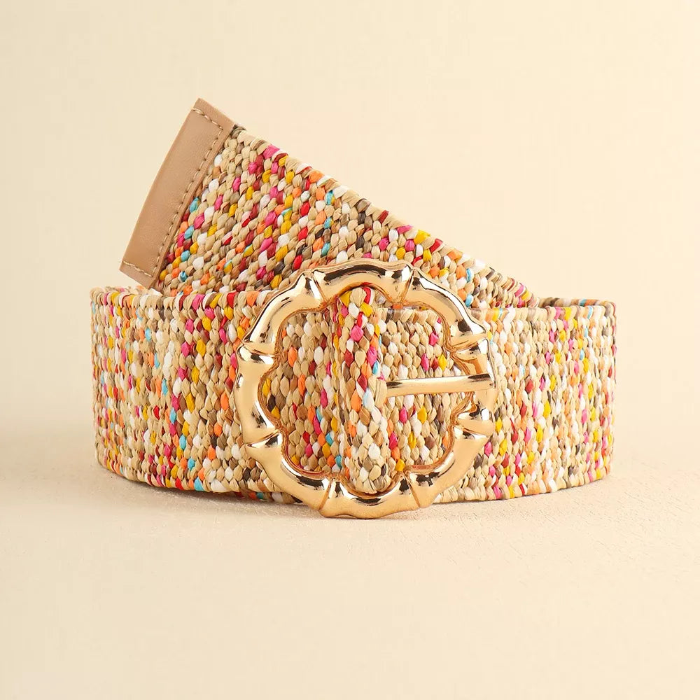 Women’s Grass-Like Woven Elastic Belt with Round Buckle 100cm