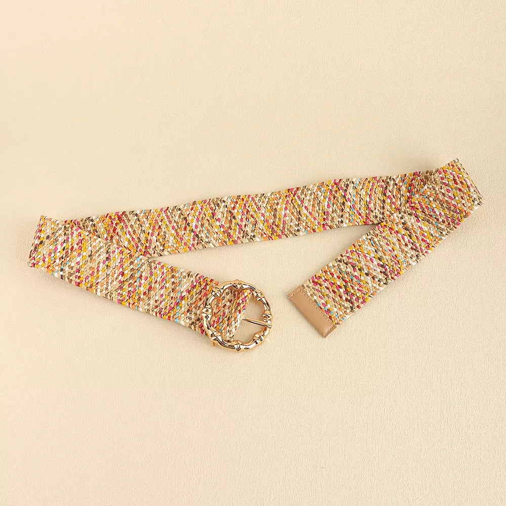 Women’s Grass-Like Woven Elastic Belt with Round Buckle 100cm