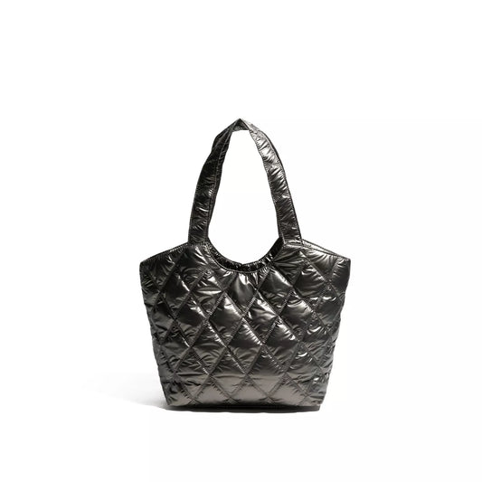 Diamond Lattice Black Padded Down Tote Bag with Large Capacity