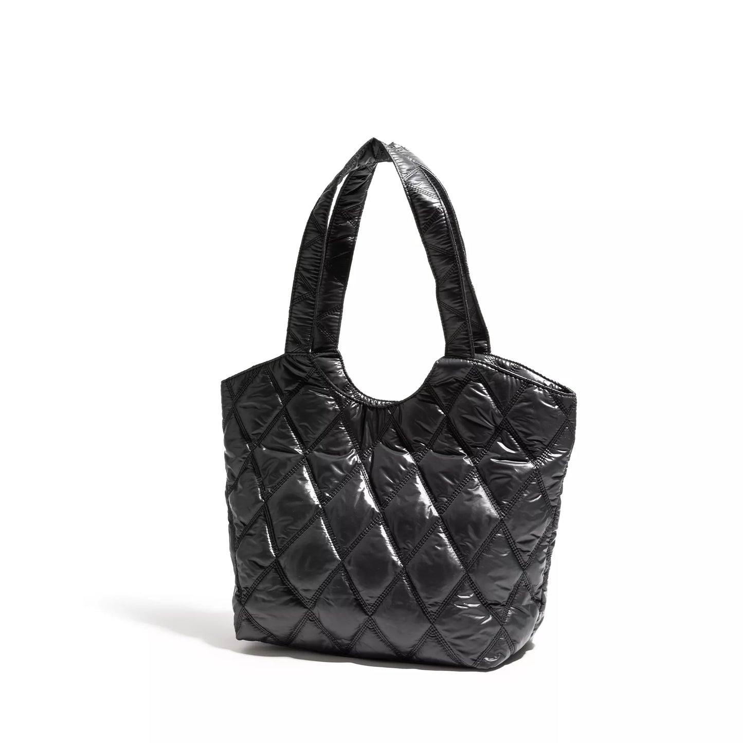 Diamond Lattice Black Padded Down Tote Bag with Large Capacity