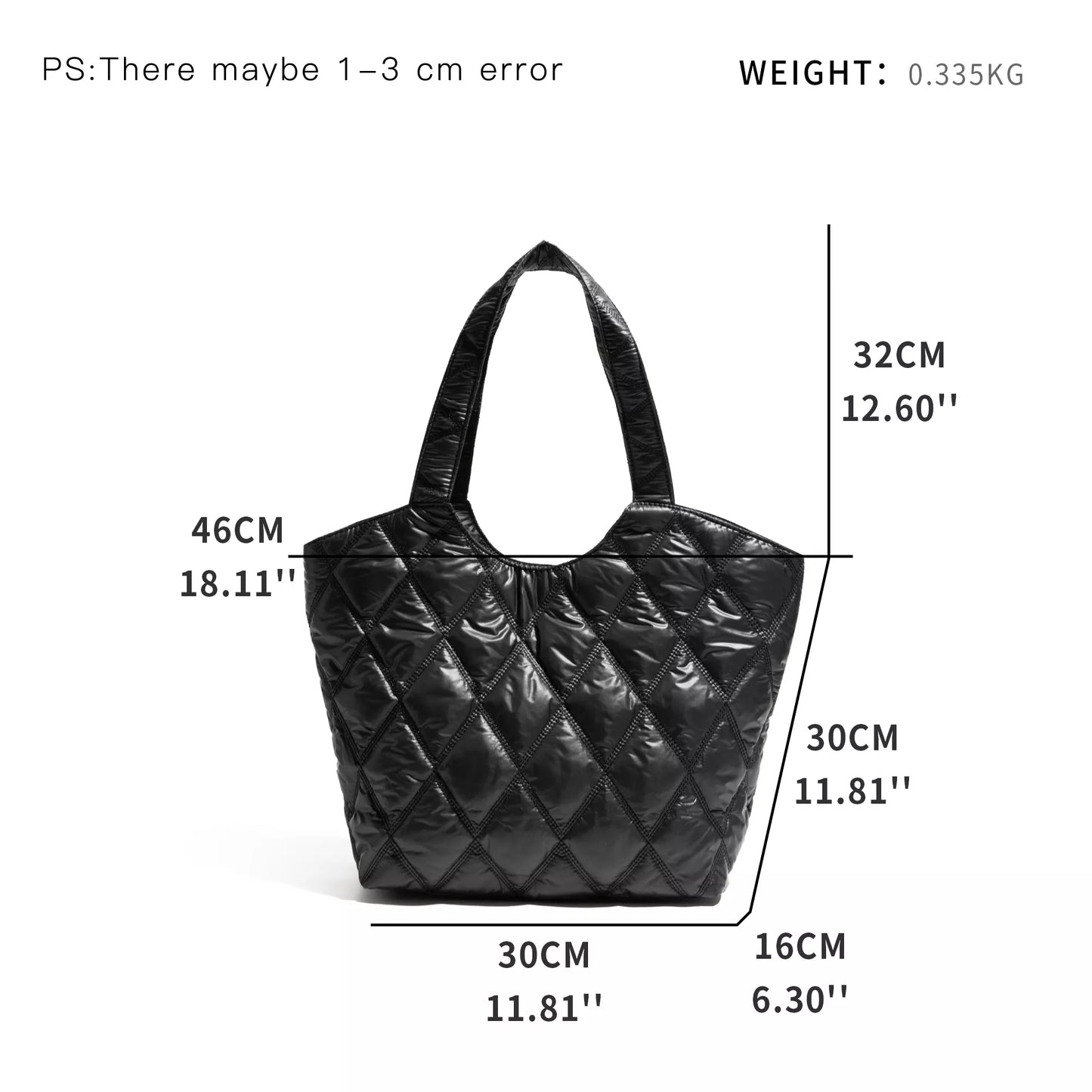 Diamond Lattice Black Padded Down Tote Bag with Large Capacity