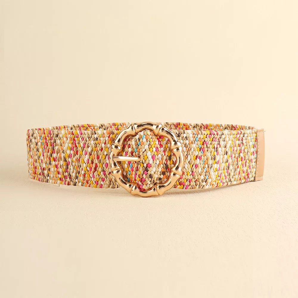 Women’s Grass-Like Woven Elastic Belt with Round Buckle 100cm