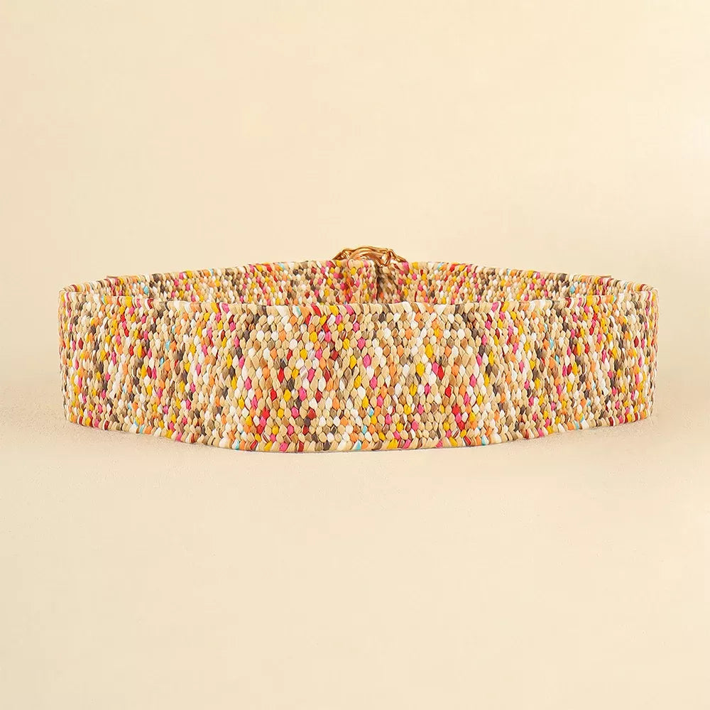 Women’s Grass-Like Woven Elastic Belt with Round Buckle 100cm