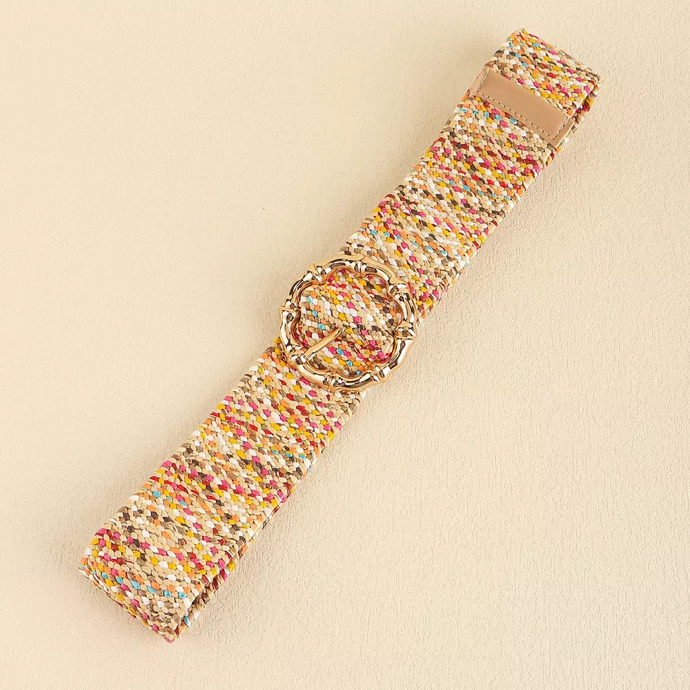 Women’s Grass-Like Woven Elastic Belt with Round Buckle 100cm