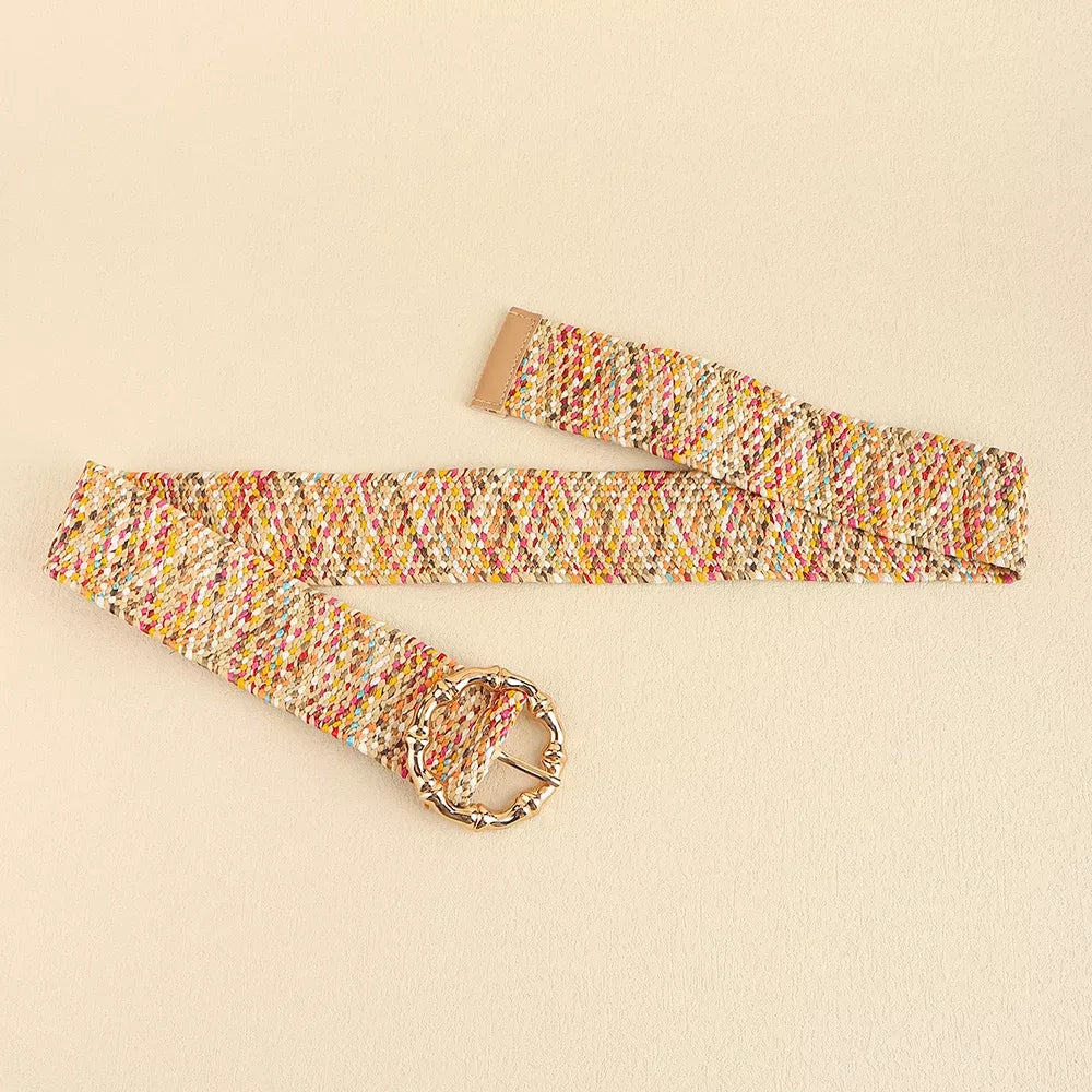 Women’s Grass-Like Woven Elastic Belt with Round Buckle 100cm