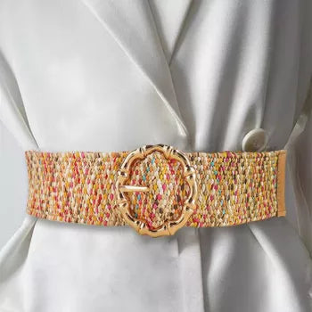 Women’s Grass-Like Woven Elastic Belt with Round Buckle 100cm